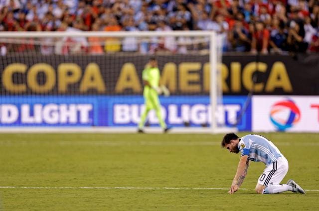 Lionel Messi (10) reacts after Argentina’s loss. (REUTERS)