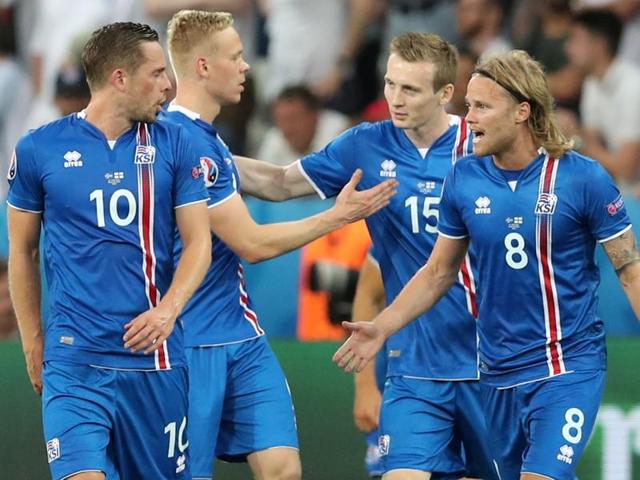 Iceland's Kolbeinn Sigthorsson celebrates after scoring his side's second goal during the Euro 2016.(AP Photo)