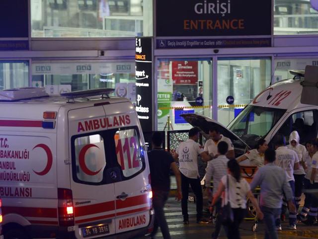 Ambulance cars arrive at Turkey's largest airport following the attack. (REUTERS) Ambulance cars arrive at Turkey's largest airport following the attack. (REUTERS)