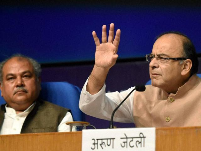 Finance minister Arun Jaitley addresses a press conference in New Delhi on Wednesday.(PTI)