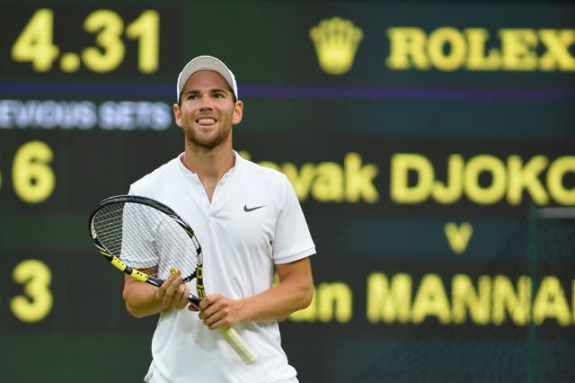 France's Adrian Mannarino reacts after a point against Serbia's Novak Djokovic during their men's singles second round match on the third day of the 2016 Wimbledon Championships at The All England Lawn Tennis Club in Wimbledon, southwest London. (AFP Photo) France's Adrian Mannarino reacts after a point against Serbia's Novak Djokovic during their men's singles second round match on the third day of the 2016 Wimbledon Championships at The All England Lawn Tennis Club in Wimbledon, southwest London. (AFP Photo)