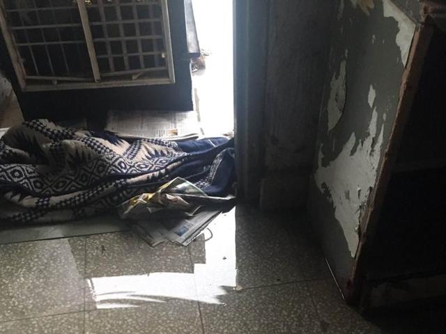 A hostel room flooded with water at Panjab University in Chandigarh on Wednesday.(HT Photo)