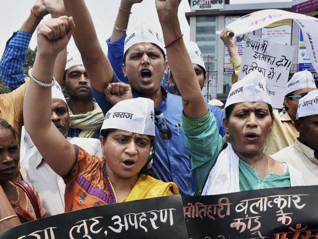 AAP activists protest against the gang-rape of a 21-year-old woman in Bihar's Motihari district, in Patna on Sunday. (PTI file) AAP activists protest against the gang-rape of a 21-year-old woman in Bihar's Motihari district, in Patna on Sunday. (PTI file)