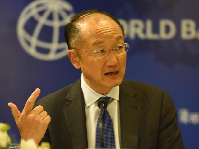 World Bank president Jim Yong Kim addresses the media in New Delhi on Thursday. (Sonu Mehta/ HT Photo)