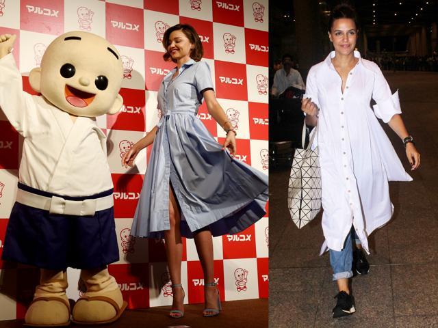 Miranda Kerr’s shirt-inspired vintage dress was a winner while Neha Dhupia’s travel gear made for easy-going inspiration. (AFP; Yogen Shah/HT Photo) Miranda Kerr’s shirt-inspired vintage dress was a winner while Neha Dhupia’s travel gear made for easy-going inspiration. (AFP; Yogen Shah/HT Photo)