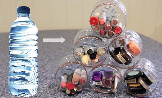 Plastic bottles can be used to create dressing table beauty organizers. Plastic bottles can be used to create dressing table beauty organizers.
