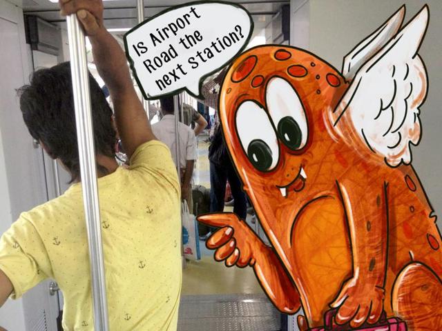 A briefcase-toting monster travelling by Mumbai Metro. (Courtesy: Sebin Simon ) A briefcase-toting monster travelling by Mumbai Metro. (Courtesy: Sebin Simon )