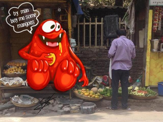 A mango-loving monster spotted in a lane in Dombivli. (Courtesy: Sebin Simon ) A mango-loving monster spotted in a lane in Dombivli. (Courtesy: Sebin Simon )