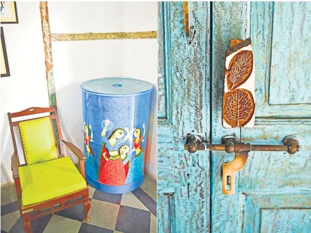 (Left) A drum painted in acrylic colours now serves as a food counter; New Vasantashram now features distressed doors (Story: Soma Das) (Photo: Aalok soni/ht) (Left) A drum painted in acrylic colours now serves as a food counter; New Vasantashram now features distressed doors (Story: Soma Das) (Photo: Aalok soni/ht)