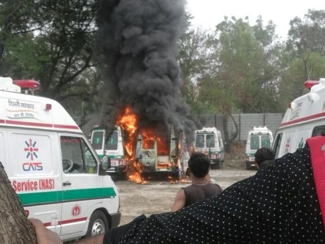 The two gutted ambulances were part of the 110 new ambulances bought by the Delhi government to add to the existing fleet of 155 Centralised Accident & Trauma Services (CATS) ambulances. The two gutted ambulances were part of the 110 new ambulances bought by the Delhi government to add to the existing fleet of 155 Centralised Accident & Trauma Services (CATS) ambulances.