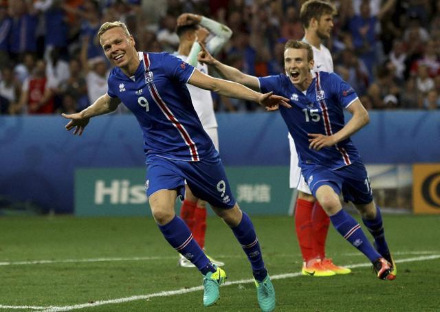 Iceland's Kolbeinn Sigthorsson celebrates after scoring his side's second goal during the Euro 2016 round of 16 match. (AP Photo) Iceland's Kolbeinn Sigthorsson celebrates after scoring his side's second goal during the Euro 2016 round of 16 match. (AP Photo)