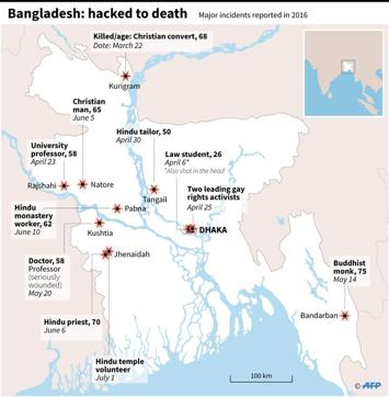 Map of Bangladesh locating deadly hacking incidents in 2016. (AFP) Map of Bangladesh locating deadly hacking incidents in 2016. (AFP)