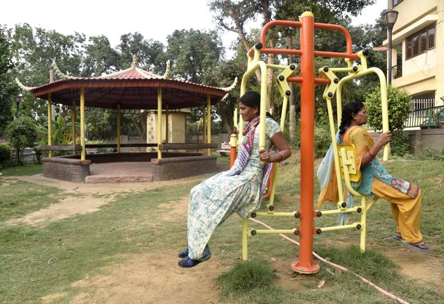 The architecture of these shelters is along the lines of Buddhist style of construction. SDMC has created recreational zones for kids in each ward and 40 kinds of swings have been installed there. (S Burmaula / HT Photo) The architecture of these shelters is along the lines of Buddhist style of construction. SDMC has created recreational zones for kids in each ward and 40 kinds of swings have been installed there. (S Burmaula / HT Photo)
