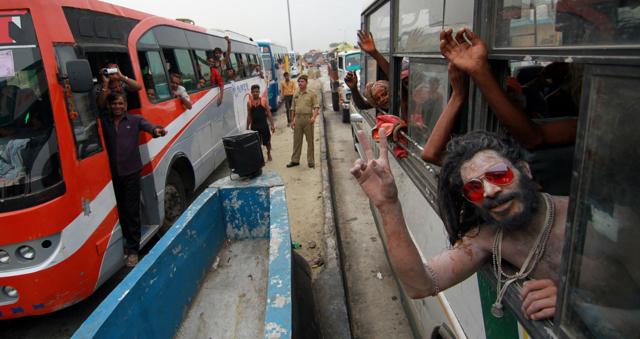 Sadhus upbeat ahead of the Amarnath Yatra, in Jammu on Friday. (Nitin Kanotra/HT Photo)