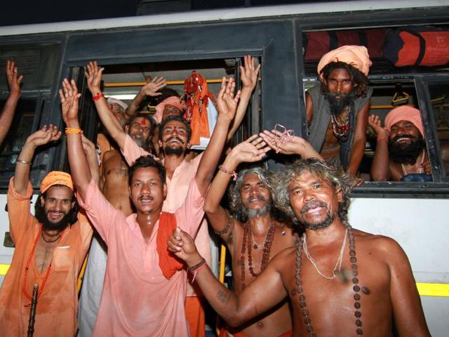 Sadhus upbeat ahead of the Amarnath Yatra, in Jammu on Friday. (Nitin Kanotra/HT Photo)