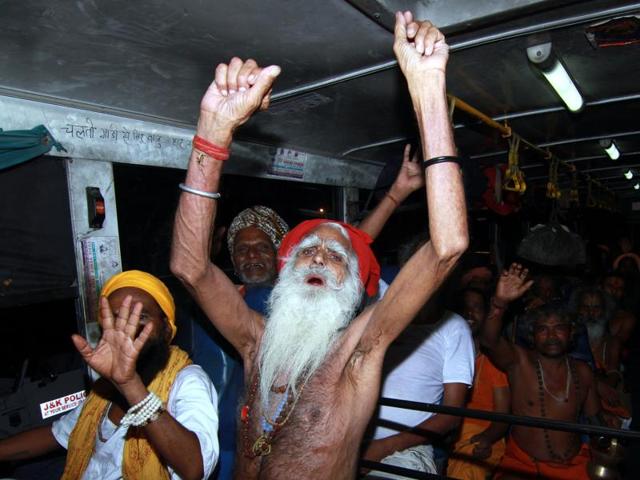 Sadhus upbeat ahead of the Amarnath Yatra, in Jammu on Friday. (Nitin Kanotra/HT Photo)