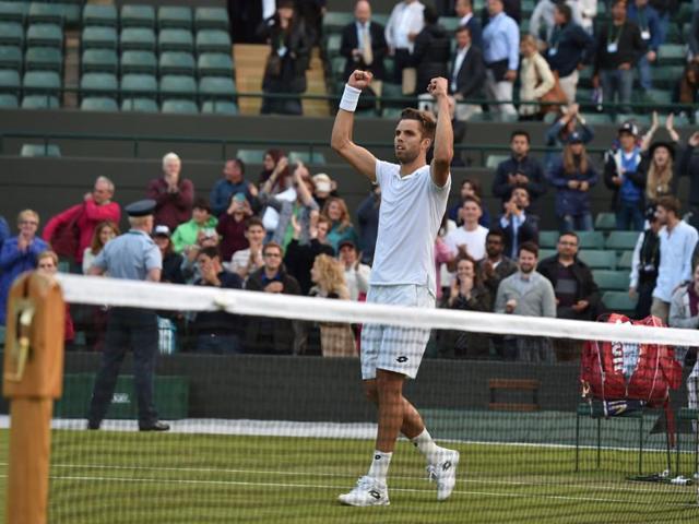 Czech Republic's Jiri Vesely celebrates beating Austria's Dominic Thiem during their second-round match. (AFP Photo) 