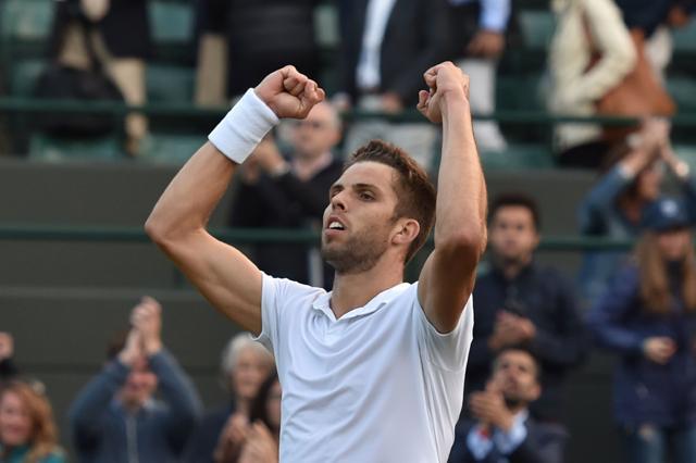 Czech Republic's Jiri Vesely celebrates beating Austria's Dominic Thiem during their men's singles second round match on the fourth day of the 2016 Wimbledon Championships at The All England Lawn Tennis Club in Wimbledon. (AFP Photo) Czech Republic's Jiri Vesely celebrates beating Austria's Dominic Thiem during their men's singles second round match on the fourth day of the 2016 Wimbledon Championships at The All England Lawn Tennis Club in Wimbledon. (AFP Photo)