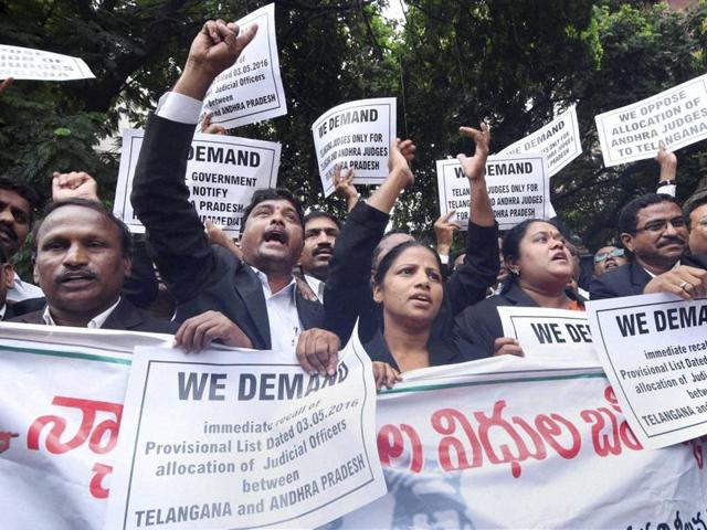 Telangana advocates have been protesting the provisional allocation of judges under the AP Reorganisation Act, claiming that Andhra judges were getting the benefit. (PTI) Telangana advocates have been protesting the provisional allocation of judges under the AP Reorganisation Act, claiming that Andhra judges were getting the benefit. (PTI)