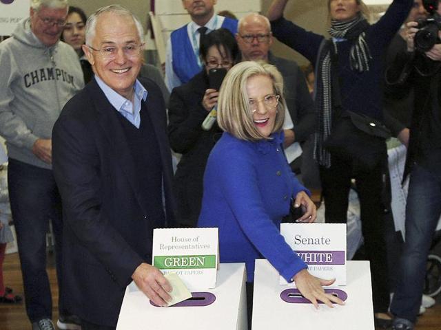 Australian Prime Minister Malcolm Turnbull and his wife Lucy cast their votes in the federal election at the Double Bay public school in Sydney. (AP) Australian Prime Minister Malcolm Turnbull and his wife Lucy cast their votes in the federal election at the Double Bay public school in Sydney. (AP)