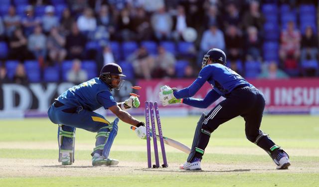 Sri Lanka's Dasun Shanaka is stumped by England's Jos Buttler during the fifth and final match. (AP Photo)
