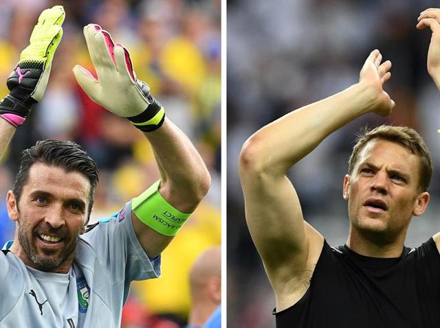 This combination of file pictures shows Italy's goalkeeper Gianluigi Buffon (L) and Germany's goalkeeper Manuel Neuer (R). Germany will face Italy in their Euro 2016 quarter-final football match in Bordeaux on July 2, 2016. (AFP) This combination of file pictures shows Italy's goalkeeper Gianluigi Buffon (L) and Germany's goalkeeper Manuel Neuer (R). Germany will face Italy in their Euro 2016 quarter-final football match in Bordeaux on July 2, 2016. (AFP)
