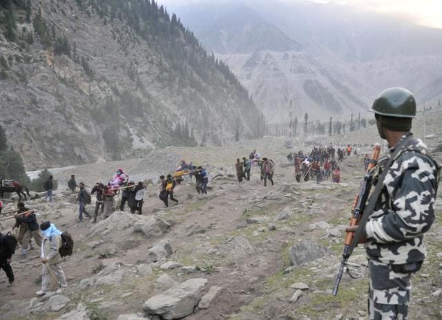 The annual pilgrimage to the 3,880 metre high holy cave shrine of Amarnath in south Kashmir , commenced from Baltal route in Ganderbal district amid tight security. (Waseem Andrabi/HT Photo) The annual pilgrimage to the 3,880 metre high holy cave shrine of Amarnath in south Kashmir , commenced from Baltal route in Ganderbal district amid tight security. (Waseem Andrabi/HT Photo)