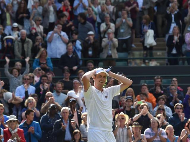 US player Sam Querrey celebrates beating Serbia's Novak Djokovic in their men's singles third-round match at the 2016 Wimbledon Championships at The All England Lawn Tennis Club in Wimbledon, southwest London, on July 2, 2016. (AFP) US player Sam Querrey celebrates beating Serbia's Novak Djokovic in their men's singles third-round match at the 2016 Wimbledon Championships at The All England Lawn Tennis Club in Wimbledon, southwest London, on July 2, 2016. (AFP)