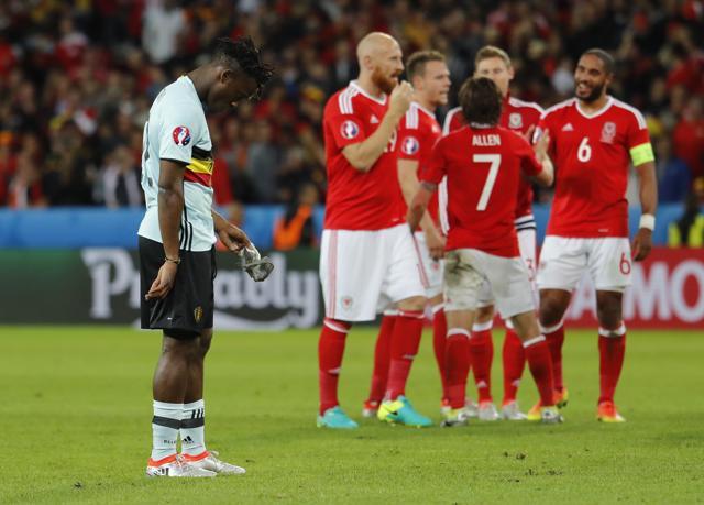 Belgiums Michy Batshuayi and Wales players react at the end of the game. (Reuters Photo) Belgiums Michy Batshuayi and Wales players react at the end of the game. (Reuters Photo)