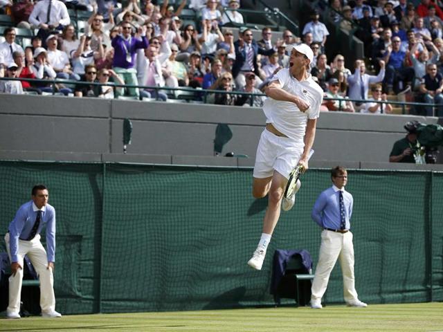 Sam Querrey with a triumphant leap in the air to celebrate his win. (REUTERS) Sam Querrey with a triumphant leap in the air to celebrate his win. (REUTERS)