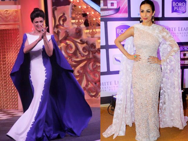 Sushmita Sen in a Mayyur Girotra caped gown back in 2015 and Malaika Arora in a caped number by Rami Kadi, spotted this month. (Yogen Shah) Sushmita Sen in a Mayyur Girotra caped gown back in 2015 and Malaika Arora in a caped number by Rami Kadi, spotted this month. (Yogen Shah)