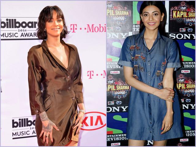Rihanna and Kajal Aggarwal both adorned a shirt dress for red carpet dos, albeit, in very different ways. (AFP; Yogen Shah/HT Photo) Rihanna and Kajal Aggarwal both adorned a shirt dress for red carpet dos, albeit, in very different ways. (AFP; Yogen Shah/HT Photo)