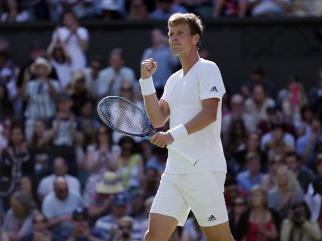 Tomas Berdych of the Czech Republic celebrates his win over Alexander Zverev of Germany in four sets. (AP)