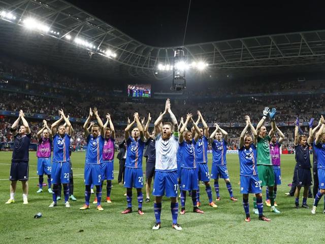 Iceland players celebrate after they won the round of 16 match against England at Stade de Nice, Nice, France. (Reuters Photo) Iceland players celebrate after they won the round of 16 match against England at Stade de Nice, Nice, France. (Reuters Photo)