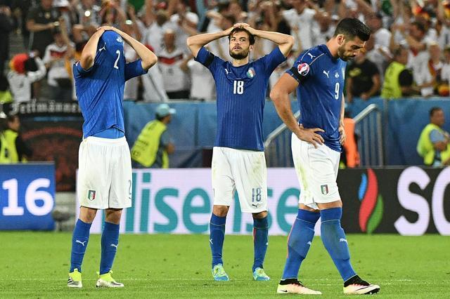 Italy's Mattia De Sciglio, Marco Parolo and Pelle react after loosing the penalty shootout to Germany. (AFP Photo) Italy's Mattia De Sciglio, Marco Parolo and Pelle react after loosing the penalty shootout to Germany. (AFP Photo)