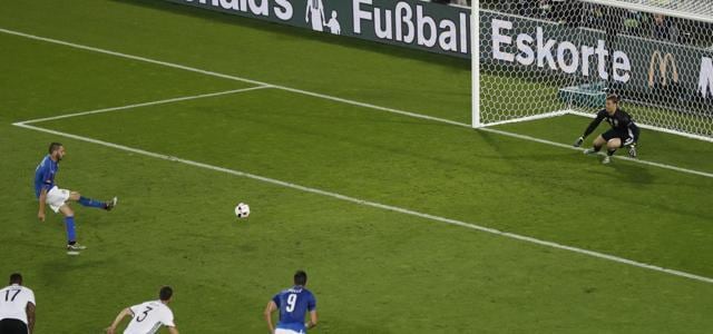 Italy's Leonardo Bonucci scores his side's first goal on a penalty during the Euro 2016 quarterfinal football match between Germany and Italy. (AP Photo) Italy's Leonardo Bonucci scores his side's first goal on a penalty during the Euro 2016 quarterfinal football match between Germany and Italy. (AP Photo)