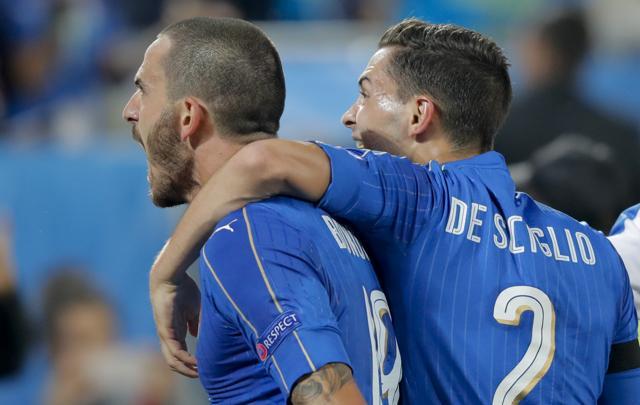 Bonucci celebrates with his teammate Mattia De Sciglio (right) after scoring his side's first goal during the Euro 2016 quarterfinal match against Germany. (AP Photo) Bonucci celebrates with his teammate Mattia De Sciglio (right) after scoring his side's first goal during the Euro 2016 quarterfinal match against Germany. (AP Photo)