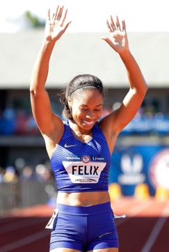 Allyson Felix celebrates victory in the Women's 400m final. (AFP) Allyson Felix celebrates victory in the Women's 400m final. (AFP)