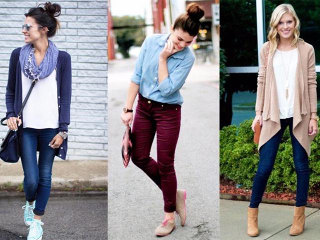 Go classic with a pair of skinny jeans and rubber rain boots. Throw on a bright sweater and patterned scarf, and carry a colourful umbrella to finish it off. (Pinterest) 
