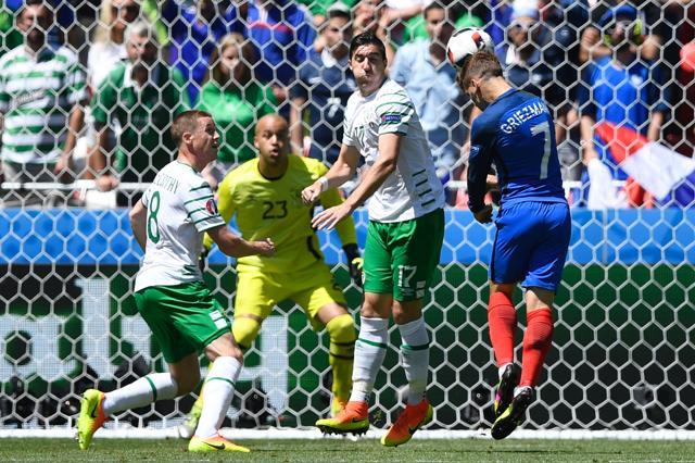Griezmann (R) has a special talent when it comes to headers. (AFP) Griezmann (R) has a special talent when it comes to headers. (AFP)