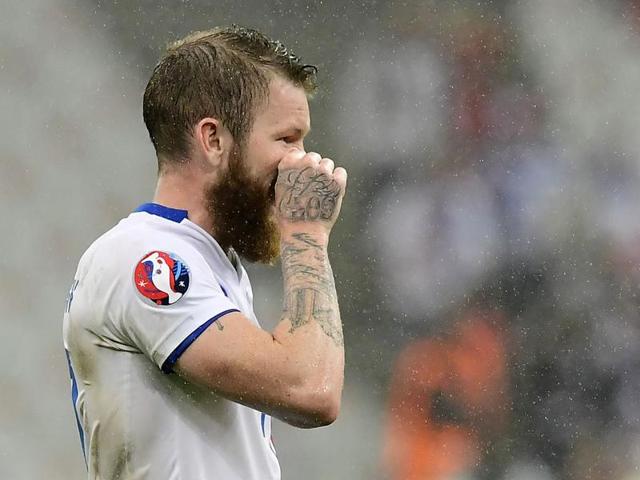 Iceland's midfielder Aron Gunnarsson reacts with tears in his eyes after loosing to France. (AFP photo) 