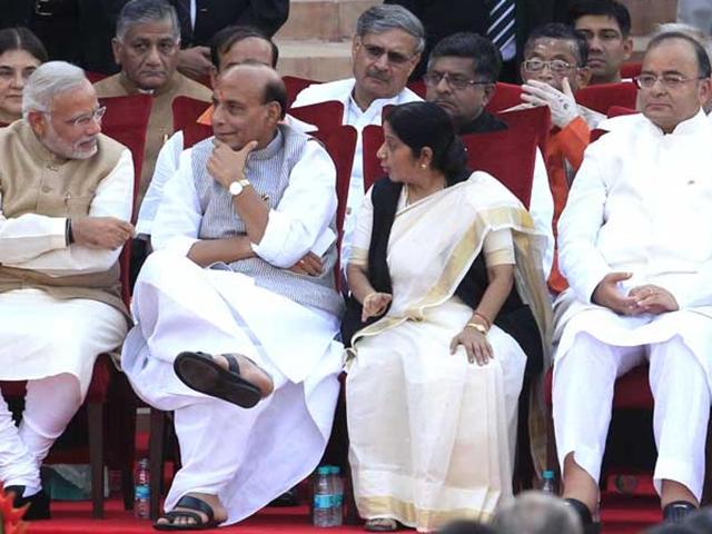 The top four portfolios—home, finance, external affairs and defence—are unlikely to be touched with Modi likely to bring in new faces from at least four states. (Ajay Aggarwal/HT File Photo) The top four portfolios—home, finance, external affairs and defence—are unlikely to be touched with Modi likely to bring in new faces from at least four states. (Ajay Aggarwal/HT File Photo)
