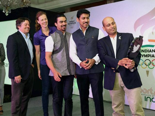 Olympic silver medallist and minister Rajyavardhan Rathore (second from right) and Winter Olympian Shiva Keshavan (centre) at the launch of the Olympians Association of India in New Delhi on Monday. (PTI) Olympic silver medallist and minister Rajyavardhan Rathore (second from right) and Winter Olympian Shiva Keshavan (centre) at the launch of the Olympians Association of India in New Delhi on Monday. (PTI)