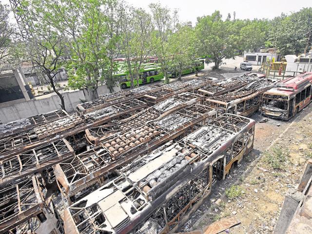 Damaged DTC buses parked at the Ambedkar Nagar depot. The corporation has not added even a single new vehicle in the past five years.r(Arun Sharma/Hindustan Times) Damaged DTC buses parked at the Ambedkar Nagar depot. The corporation has not added even a single new vehicle in the past five years.r(Arun Sharma/Hindustan Times)