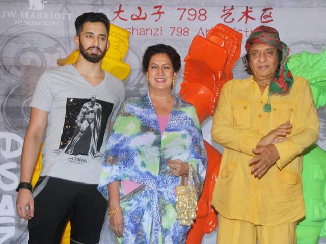 Bollywood actor Ranjit with his family at a restaurant in Mumbai on Sunday.  (PTI) 