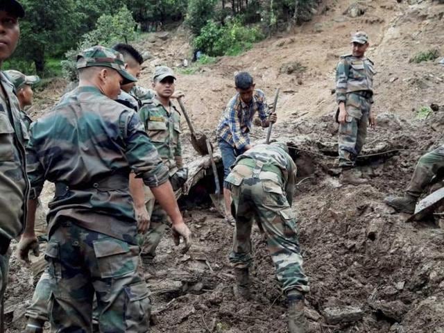 State Disaster Response Force (SDRF) officials said around 20 people are still missing, feared dead or buried under the debris, in the worst-affected districts of Pithoragarh and Chamoli.(PTI) State Disaster Response Force (SDRF) officials said around 20 people are still missing, feared dead or buried under the debris, in the worst-affected districts of Pithoragarh and Chamoli.(PTI)