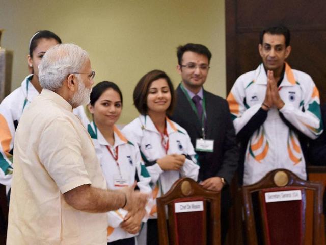 Prime Minister Narendra Modi interacts with the athletes and sportspersons. (PTI photo) Prime Minister Narendra Modi interacts with the athletes and sportspersons. (PTI photo)