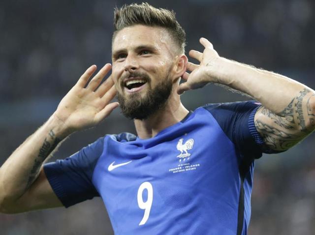 France's Olivier Giroud celebrates after scoring his side's first goal during the Euro 2016. (AP Photo) France's Olivier Giroud celebrates after scoring his side's first goal during the Euro 2016. (AP Photo)
