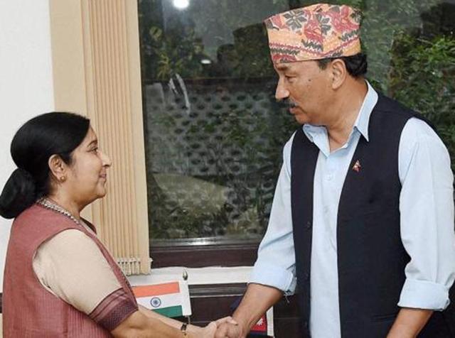 File photo of Nepal’s deputy prime minster Kamal Thapa with Indian foreign minister Sushama Swaraj in New Delhi. (PTI) File photo of Nepal’s deputy prime minster Kamal Thapa with Indian foreign minister Sushama Swaraj in New Delhi. (PTI)