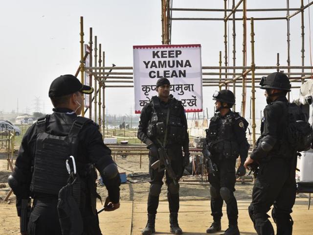 A squad of the National Security Guard (NSG) stands guard near the venue for the World Culture Festival at Yamuna bank. (HT File Photo) A squad of the National Security Guard (NSG) stands guard near the venue for the World Culture Festival at Yamuna bank. (HT File Photo)